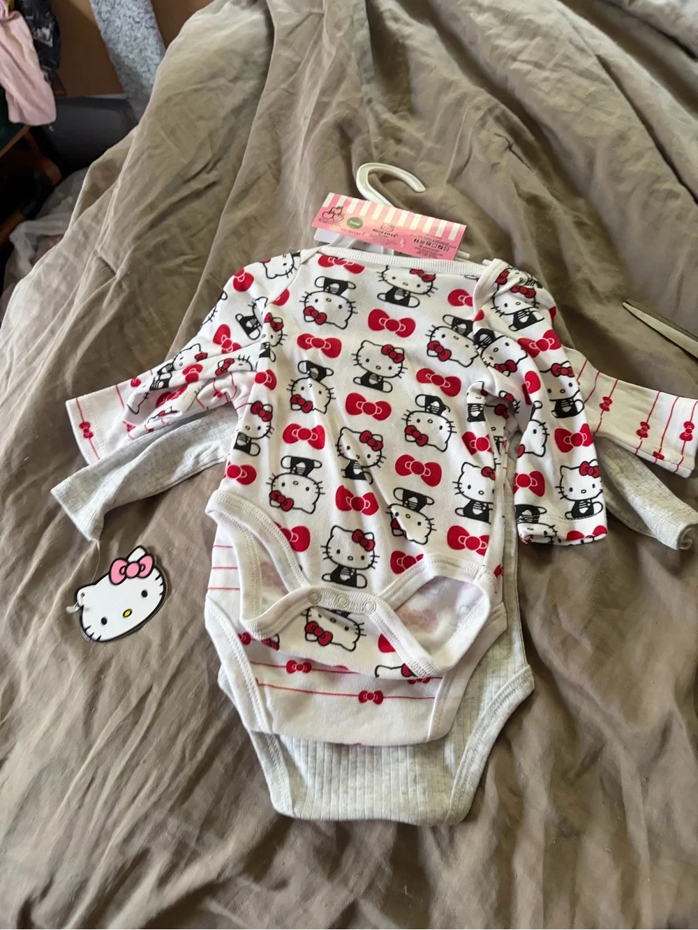 Hello Kitty Grey and Red Ribbed Baby Bodysuit Set